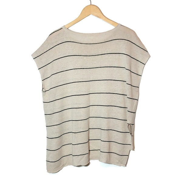 Eileen Fisher Linen Striped Top Short Sleeve Hi Low Loose Fit Tan & Black Small - Picture 10 of 16
